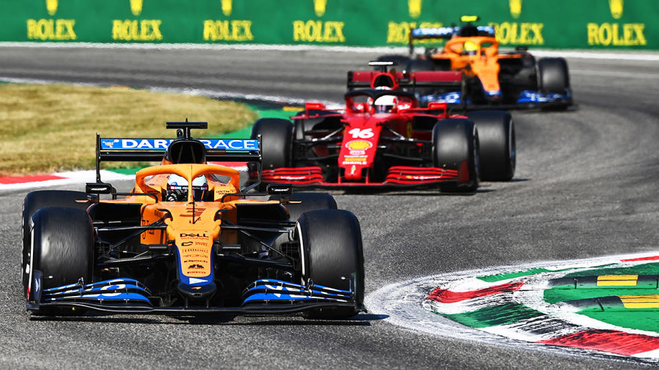 Daniel Ricciardo, Charles Leclerc and Lando Norris, pictured here in action during the Italian Grand Prix.