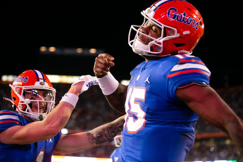 Florida Gators quarterback Anthony Richardson (15) celebrates with Florida Gators wide receiver Ricky Pearsall (1) after diving into the end zone for a touchdown in the second half against LSU at Steve Spurrier Field at Ben Hill Griffin Stadium in Gainesville, FL on Saturday, October 15, 2022. [Doug Engle/Gainesville Sun]

Ncaa Football Florida Gators Vs Lsu Tigers