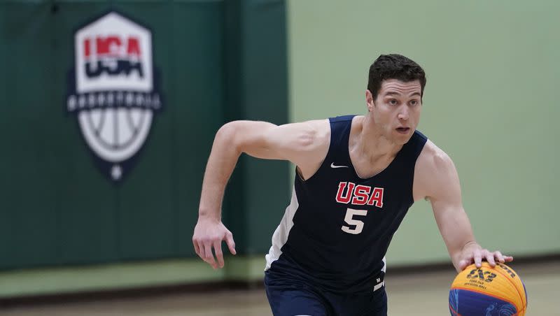 Jimmer Fredette practices for the USA Basketball 3x3 national team, Monday, Oct. 31, 2022, in Miami Lakes, Fla. The U.S. learned Wednesday, Nov. 1, 2023, that it has clinched spots at the Paris Games in both men’s and women’s 3x3 basketball