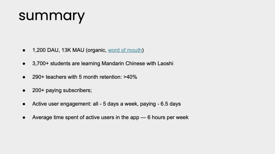 [Slide 10] A good summary slide can be a great way to remind investors why they should be excited. <strong>Image Credits:</strong> Laoshi