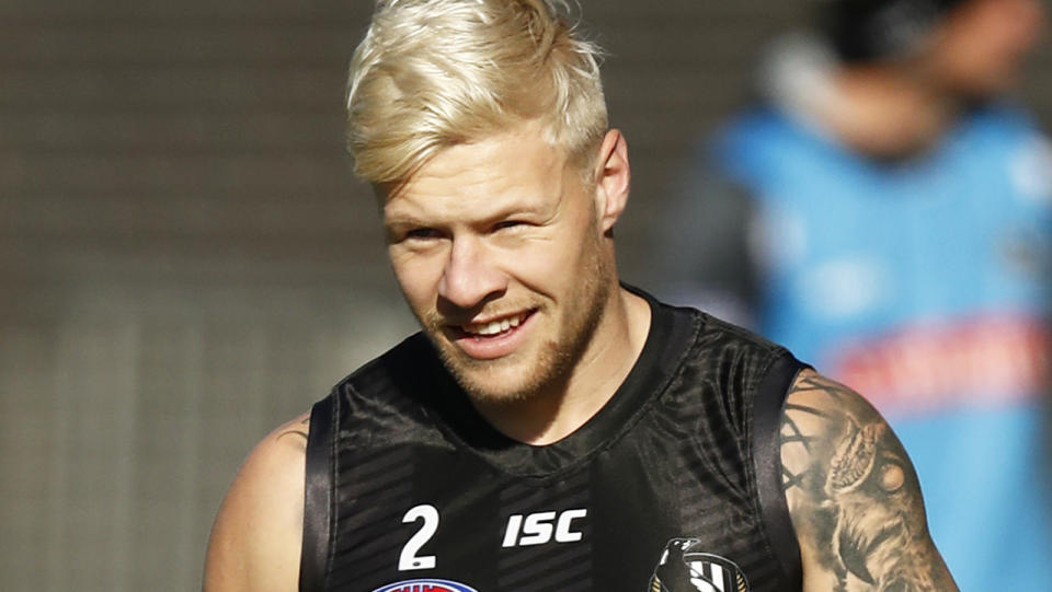 Collingwood's Jordan de Goey is pictured during a training session.