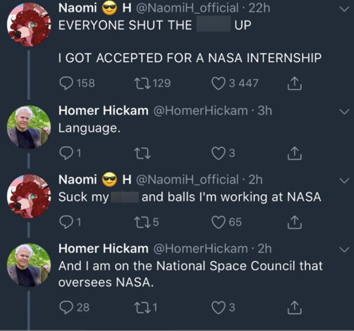 A series of vulgar tweets has cost a young woman her dream internship at NASA. Photo: Twitter