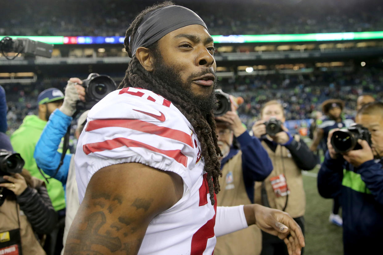Richard Sherman isn’t thrilled that the Redskins passed on signing Colin Kaepernick while “worse football players are getting chance after chance after chance.” (Getty Images)