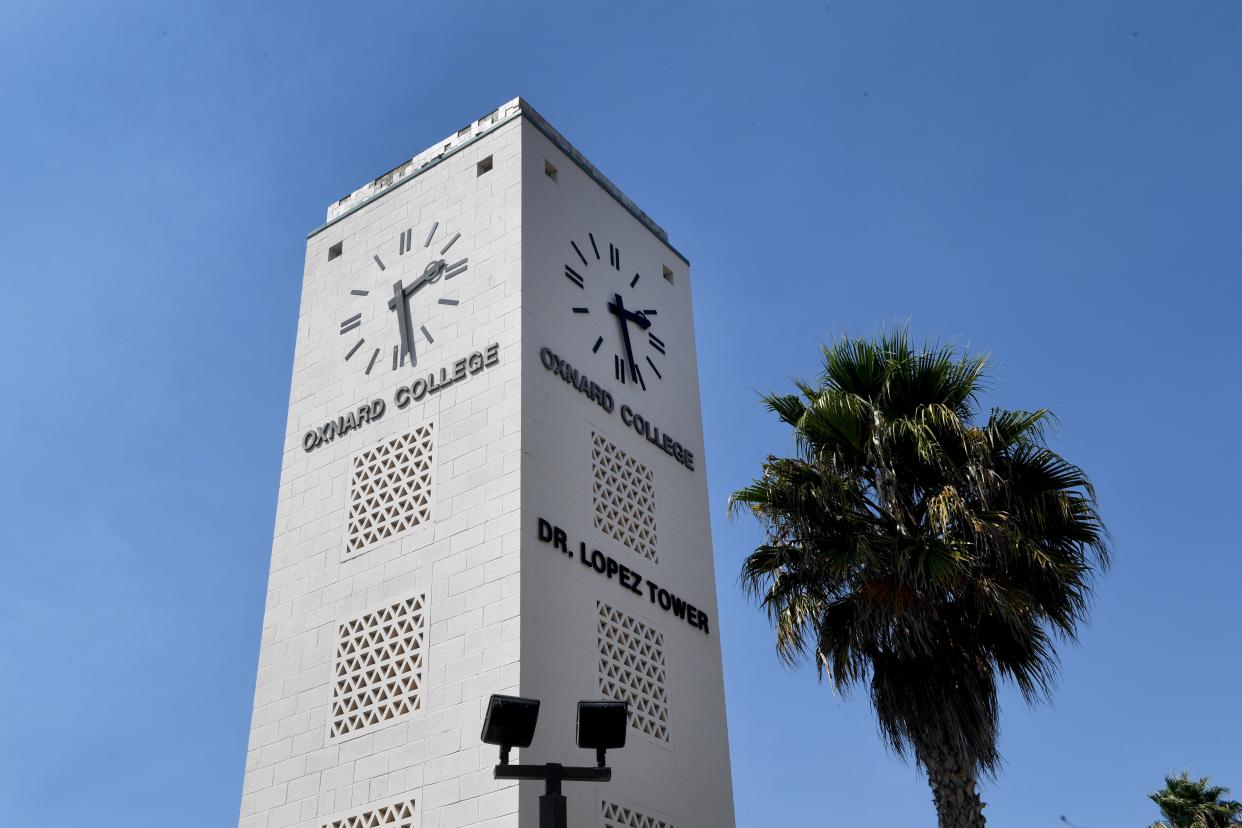 The Oxnard College clock tower stands above the south quad.