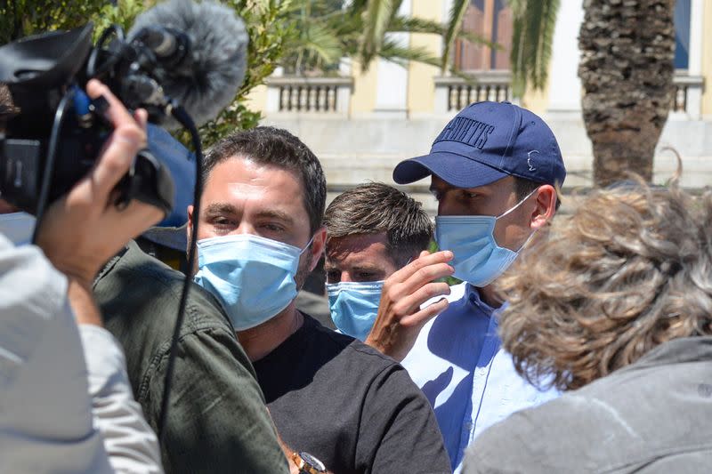 Manchester United captain Harry Maguire, who was detained on the island of Mykonos, leaves a court building on the island of Syros