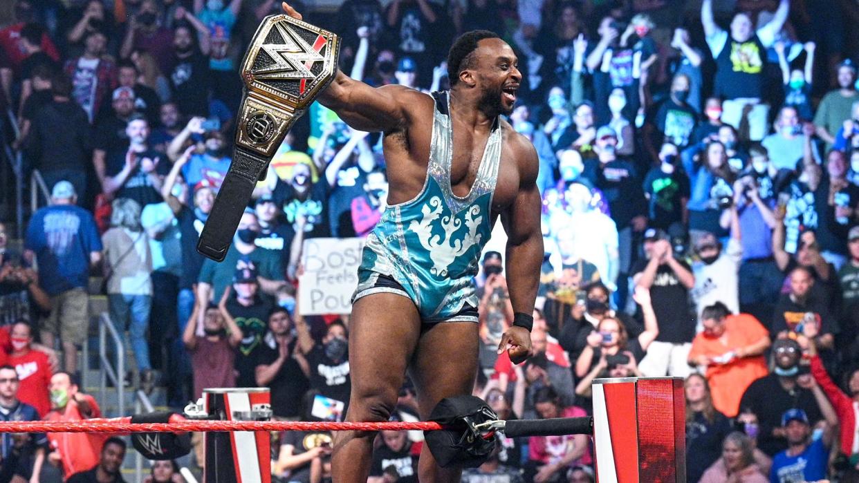 Ettore Ewen (aka Big E) holds up the WWE Championship after winning it on Monday, September 13, 2021 in Boston. (Photo courtesy of WWE)