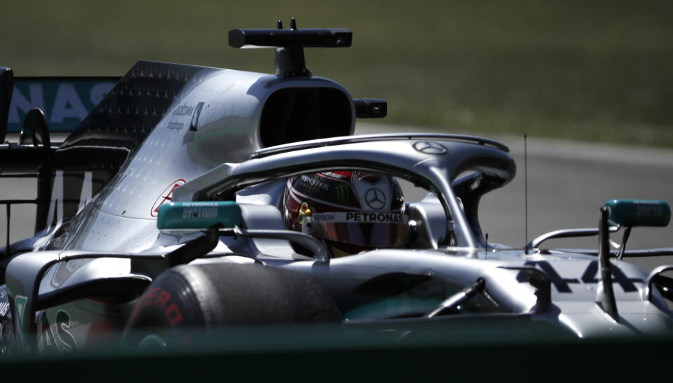 Mercedes driver Lewis Hamilton of Britain steers his car during the Spanish Formula One race at the Barcelona Catalunya racetrack in Montmelo, just outside Barcelona, Spain, Sunday, May 12, 2019. (AP Photo/Emilio Morenatti)