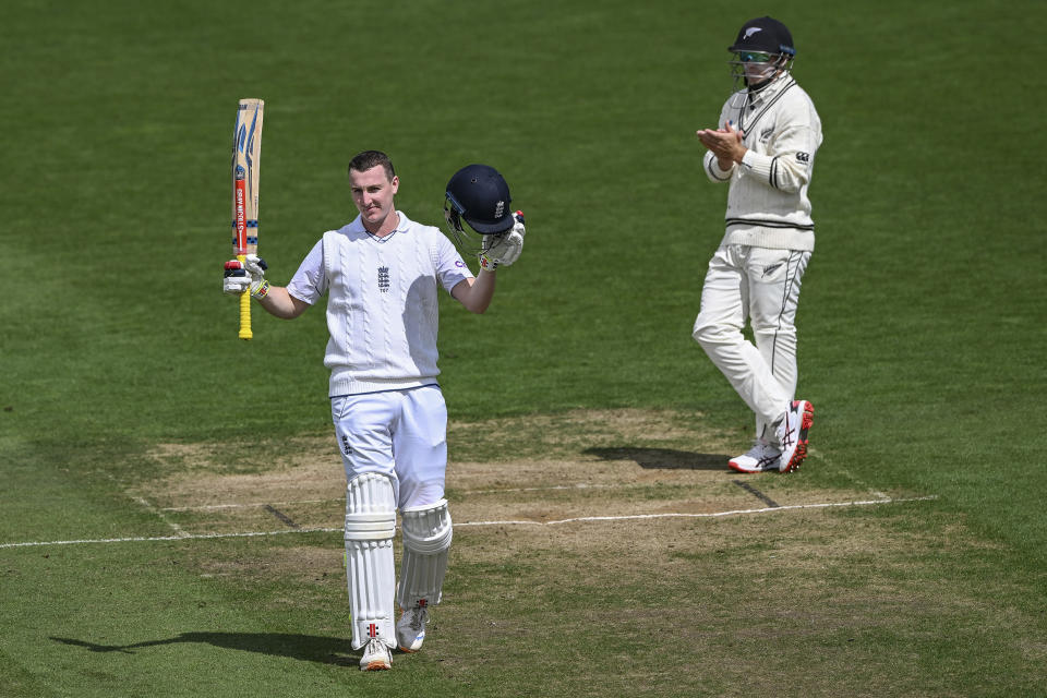 Harry Brook of England celebrates his century on the first day of the second cricket test against New Zealand at the Basin Reserve in Wellington, New Zealand, Friday, Feb. 24, 2023. (Andrew Cornaga/Photosport via AP)