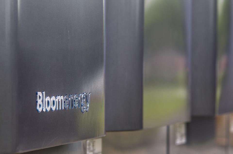 Energy servers sit outside of the Bloom Energy factory in Newark in July 2015.