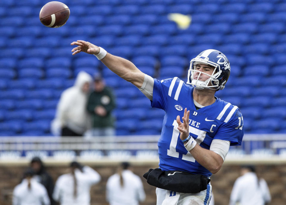 Duke Quarterback Daniel Jones makes a pass during the second half of an NCAA college football game in Durham, N.C., Saturday, Nov. 24, 2018. (AP Photo/Ben McKeown)