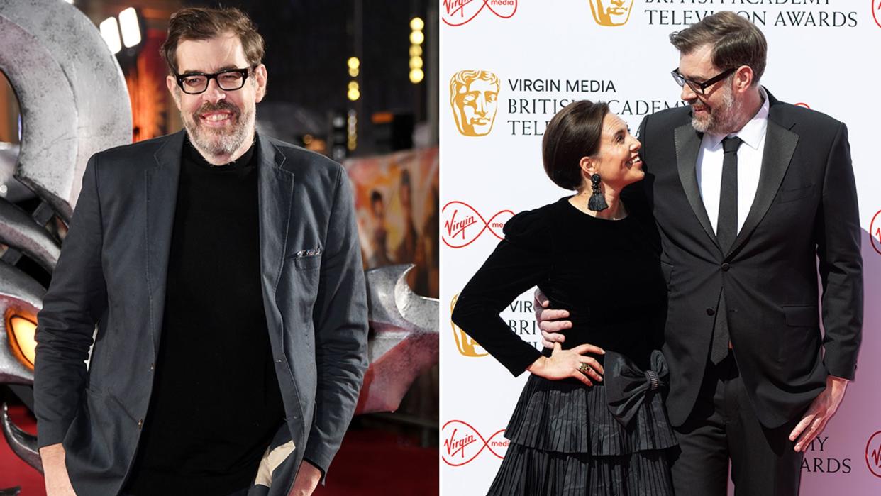 Split image of Richard Osman and of Ingrid Oliver standing with Richard Osman