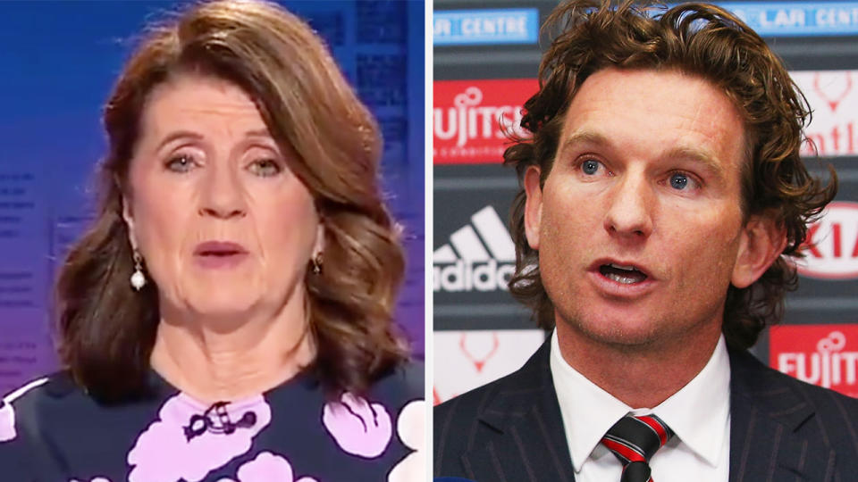 AFL journalist Caroline Wilson says a 2014 report incorrectly stated James Hird had been sacked as coach of the Essendon Bombers as one of the biggest regrets in her career. Pictures: Channel 9/Getty Images