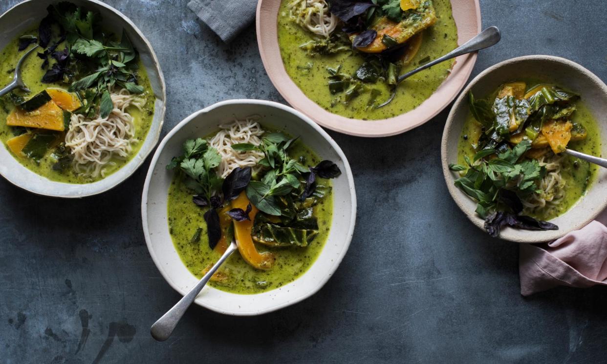 <span>Green peppercorn and lemongrass coconut broth: ‘I use green peppercorns, as I love the grassy punch they give.’</span><span>Photograph: Issy Croker/The Guardian</span>