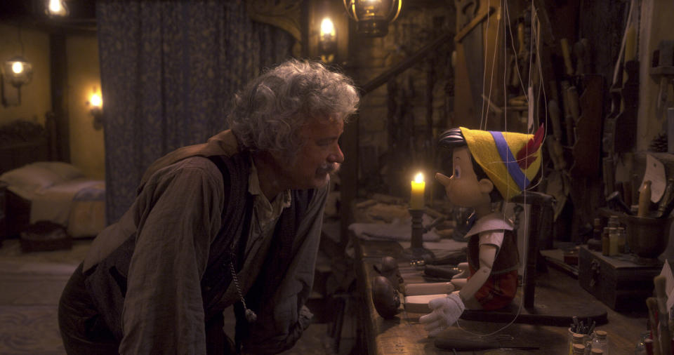 This image released by Disney shows Tom Hanks as Geppetto in Disney's live-action film "Pinocchio." (Disney via AP)