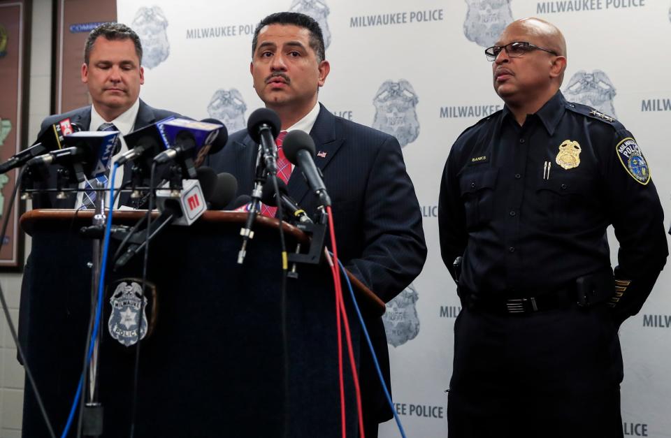 Milwaukee Police Chief Alfonso Morales gives a statement over the footage (EPA)