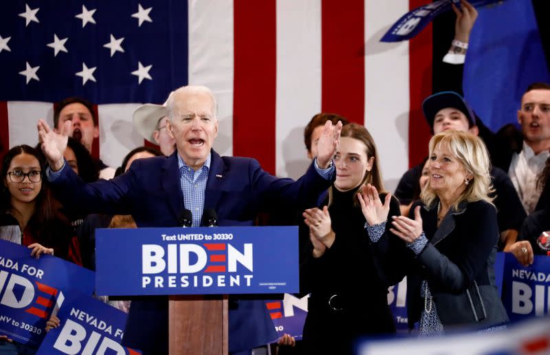 U.S. Democratic presidential candidate and former Vice President Joe Biden speaks to supporters at his party after the Nevada Caucus in Las Vegas, Nevada, U.S.