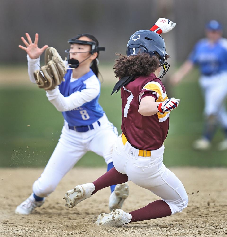 Wamps shortstop Catherine McPhee set up to tag out Wildcat Bella Pire on a steal attempt at second.
The Braintree Wamps host the Weymouth Wildcats in softball at Braintree High on Wednesday April 10, 2024