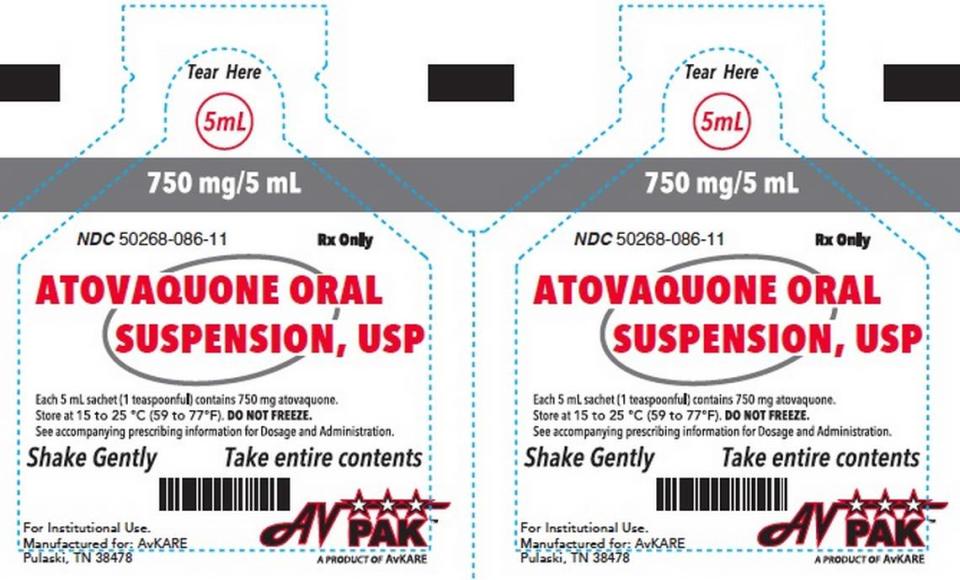 Packaging for Atovaquone Oral Suspension.