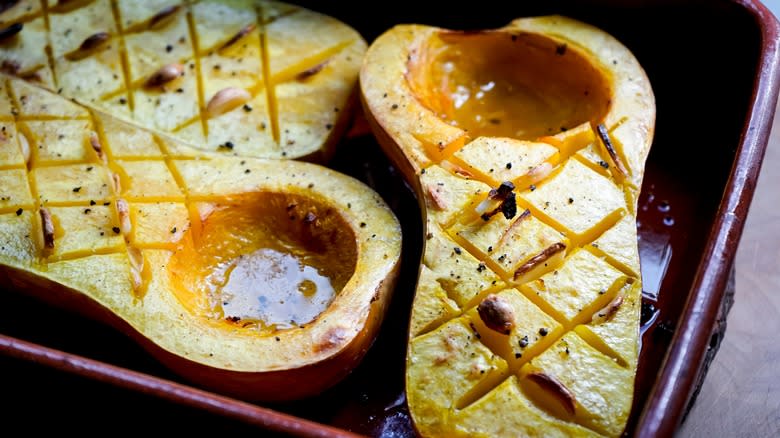 baked butternut squash in pan 