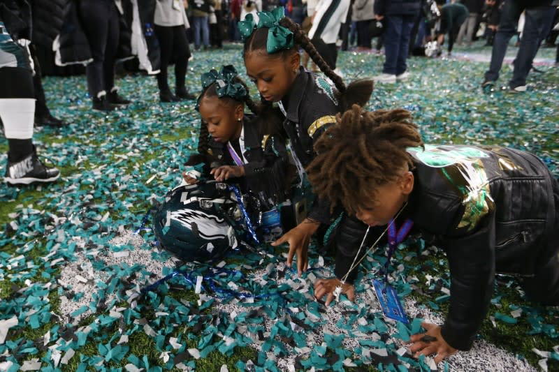 <p>Philadelphia Eagles cornerback Patrick Robinson (not pictured) kids play in confetti after defeating the New England Patriots to win Super Bowl LII at U.S. Bank Stadium. Mandatory Credit: Kirt Dozier-USA TODAY Sports </p>