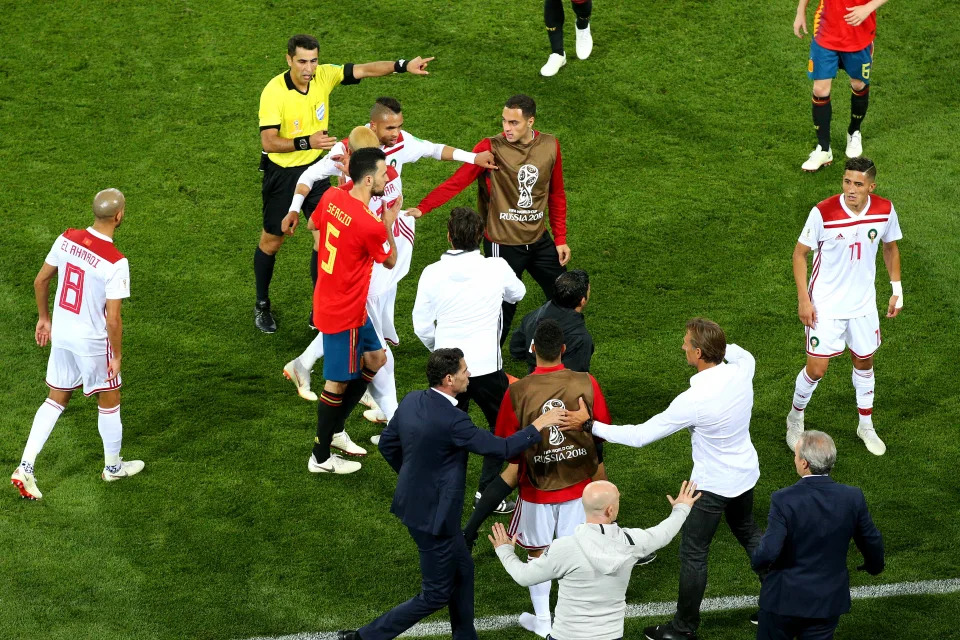 KALININGRAD, RUSSIA - JUNE 25:  Morocco and Spain players clash during the 2018 FIFA World Cup Russia group B match between Spain and Morocco at Kaliningrad Stadium on June 25, 2018 in Kaliningrad, Russia.  (Photo by Alex Livesey/Getty Images)