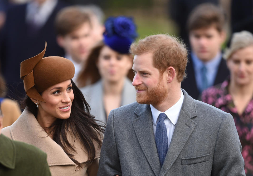 Prince Harry and Meghan Markle arrive to attend Christmas morning church service at St Mary Magdalene Church in Sandringham, Norfolk, England. (Photo: Joe Giddens - PA Images via Getty Images)