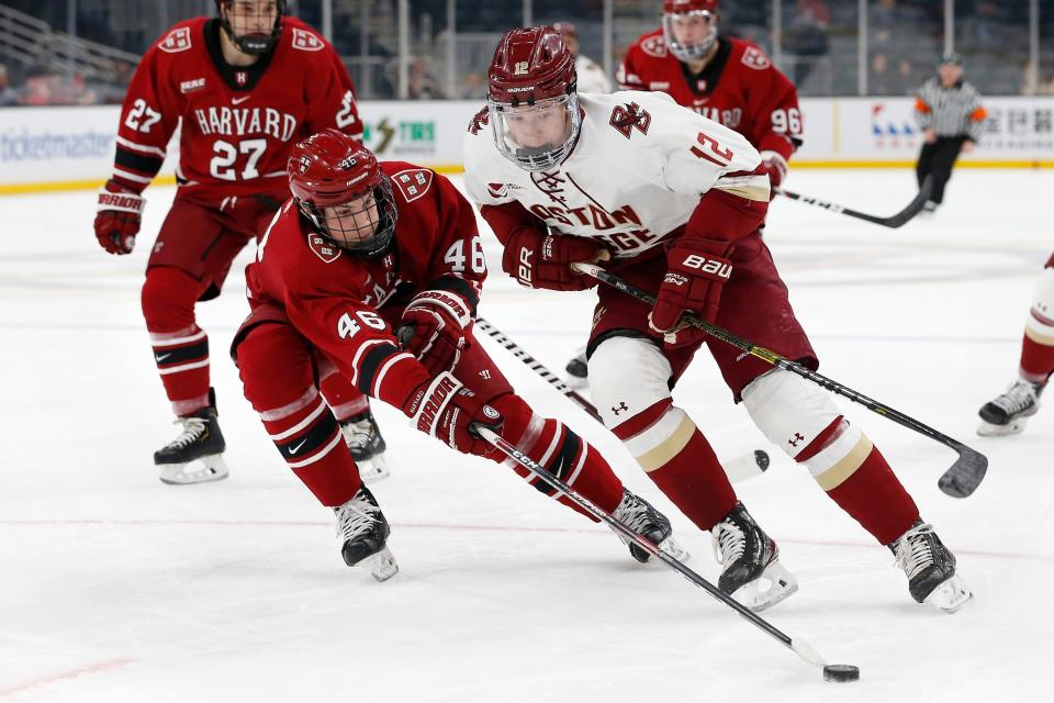 Harvard's Marshall Rifai and Boston College's Matt Boldy battle for the puck during the first period of the Beanpot Tournament consolation NCAA college hockey game in Boston.