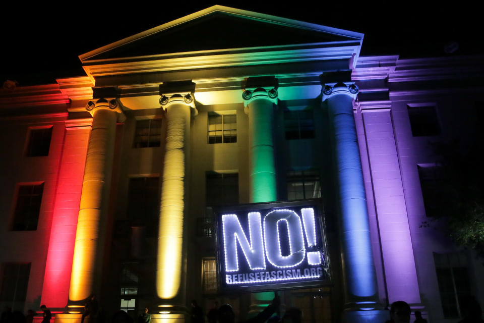 Rainbow colors light up a building at UC Berkeley.&nbsp;