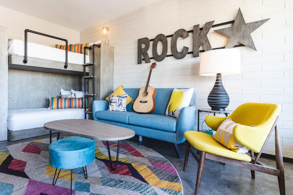 The spirited decor of a guest room at the newly updated Egyptian Motor Hotel on Grand Avenue in Phoenix. The hotel reopened in January 2023.