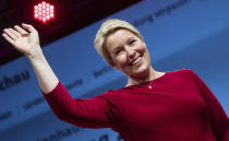 Franziska Giffey, top candidate of the Berlin SPD for the office of Governing Mayor, takes the stage at the election party of the Berlin SPD in Kreuzberg, Berlin, Sunday, Sept. 26, 2021. (Bernd Von Jutrczenka/dpa via AP)