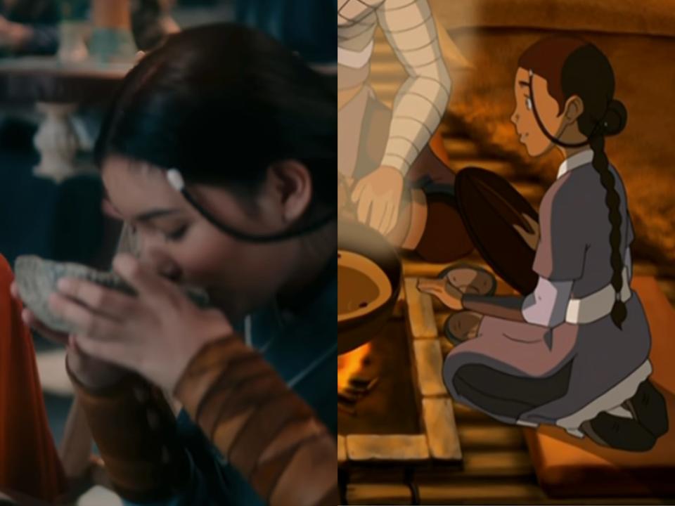 left: katara in the avatar live action drinking stewed sea prunes from a bowl; right: katara in the cartoon sitting next to a steaming pot of stewed sea prunes