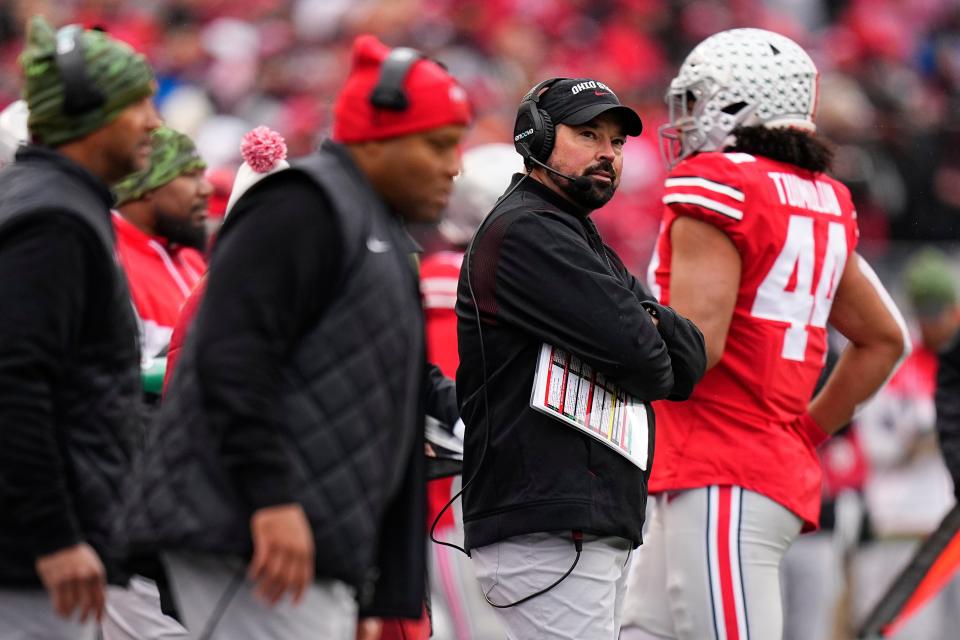 Ohio State Buckeyes head coach Ryan Day looks to the scoreboard during the first half vs. Indiana on Saturday, Nov. 12.