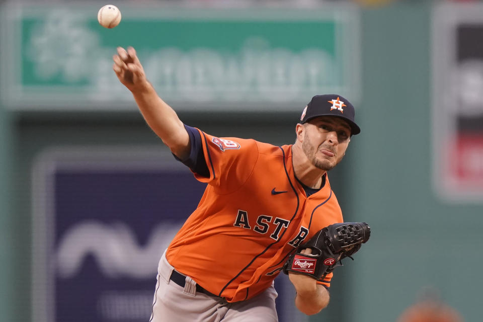 Houston Astros' Jake Odorizzi delivers a pitch against the Boston Red Sox in the first inning of a baseball game, Monday, May 16, 2022, in Boston. (AP Photo/Steven Senne)