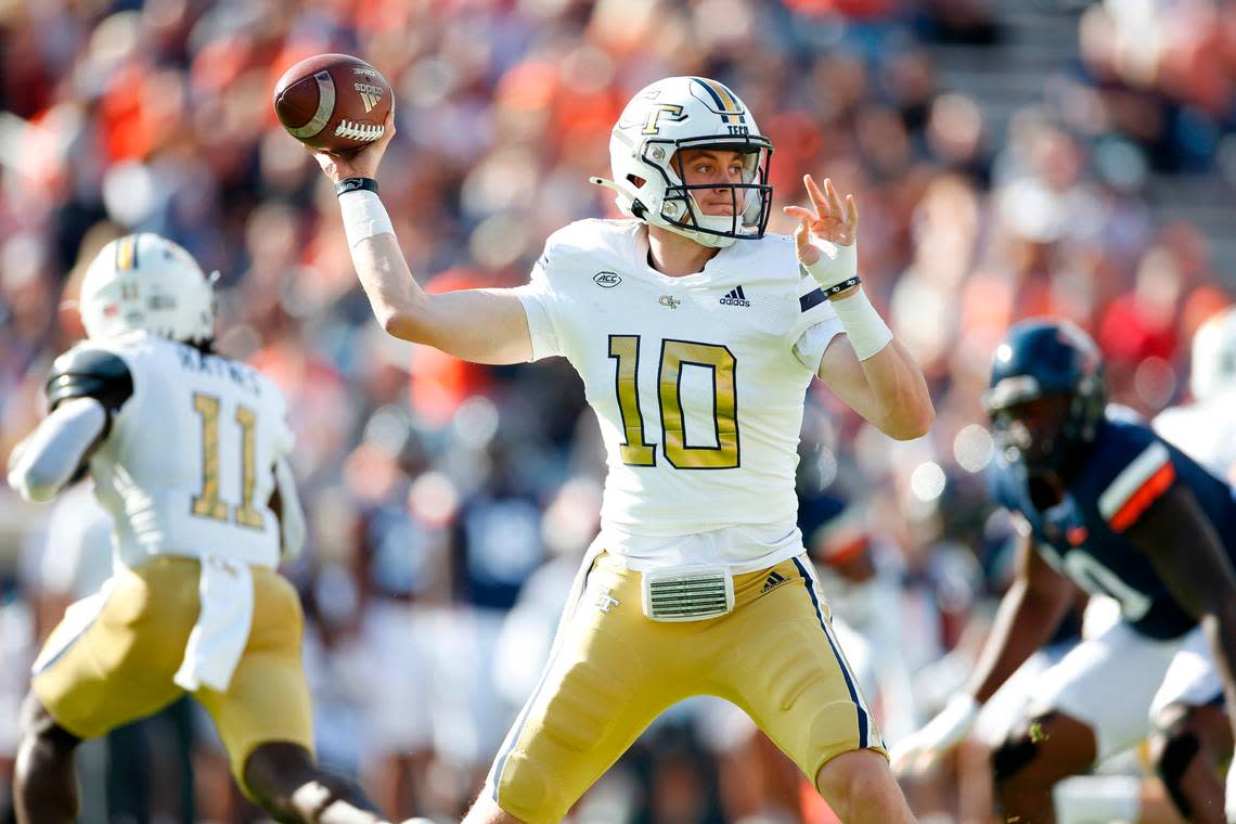 Nov 4, 2023; Charlottesville, Virginia, USA; Georgia Tech Yellow Jackets quarterback Haynes King (10) throws the ball against the Virginia Cavaliers during the first half at Scott Stadium. Mandatory Credit: Amber Searls-USA TODAY Sports