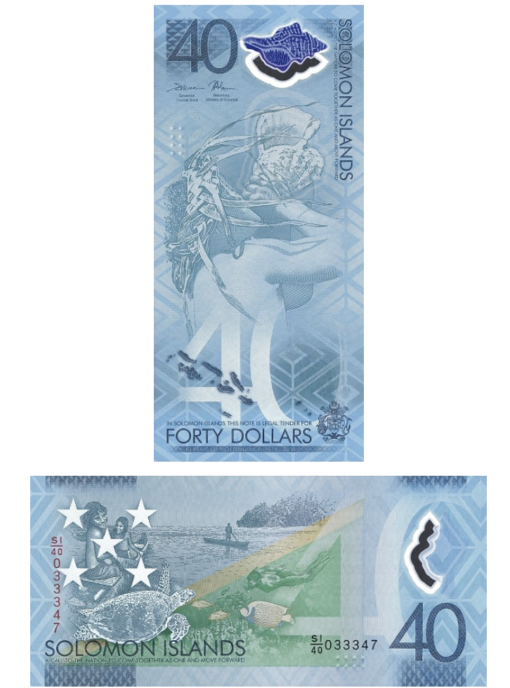 <strong>Billete de 40 dólares de Islas Solomon (US$5.10)</strong>. <em>Imagen de la web de la Sociedad Internacional de Billetes Bancarias (IBNS, por su iniciales en inglés). Cortesía del The Banknote Book.</em>