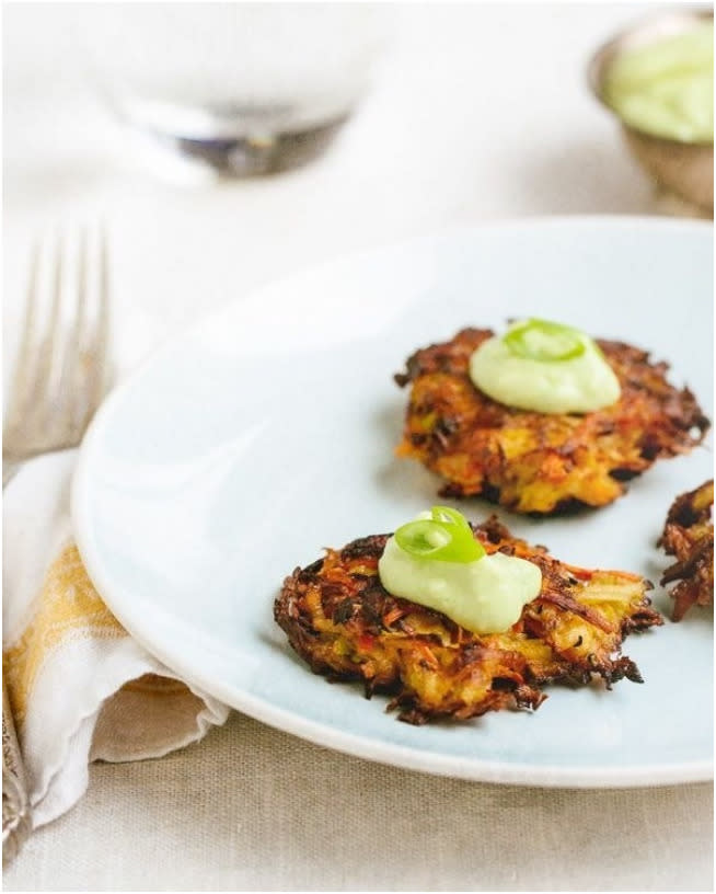 Kohlrabi-Carrot Latkes With Avocado Cream Sauce