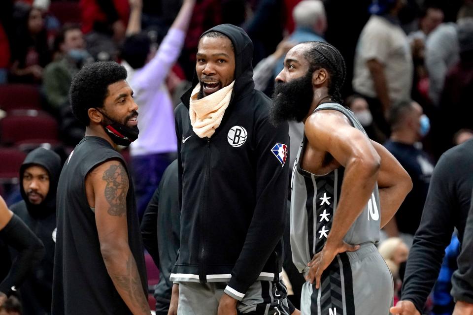 The Nets were hoping to contend for multiple titles with Kevin Durant (center), Kyrie Irving (left) and James Harden. But they played just 16 games together and were never a serious title contender.