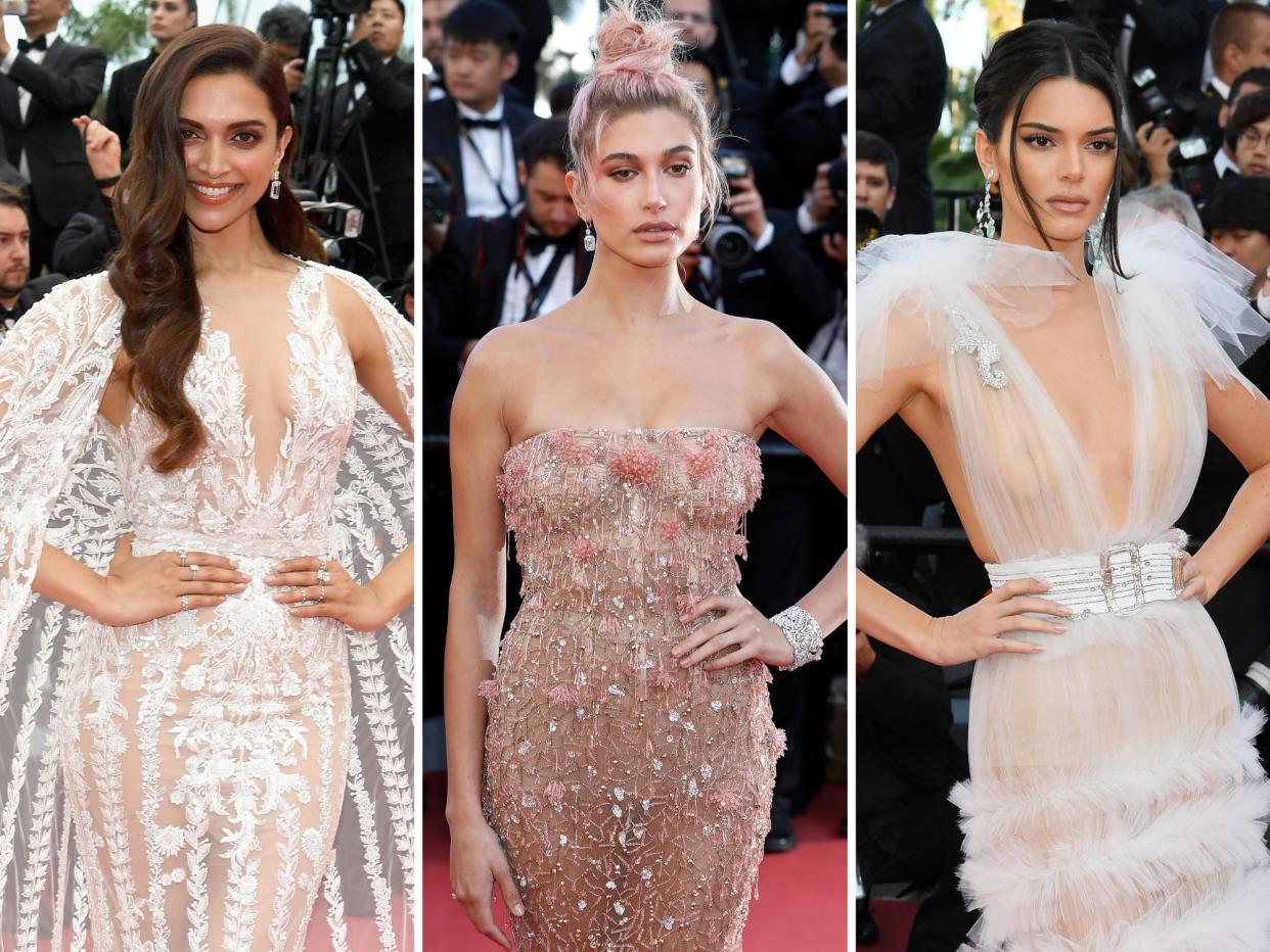 deepika padukone, hailey bieber, and kendall jenner at cannes film festival wearing sheer dresses