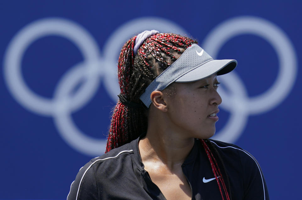 Naomi Osaka, of Japan, practices for the women's tennis competition ahead of the 2020 Summer Olympics, Friday, July 23, 2021, in Tokyo, Japan. (AP Photo/Patrick Semansky)