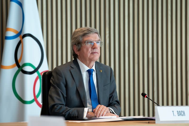 IOC President Bach welcomes participants to the virtual International Olympic Committee Executive Board in Lausanne