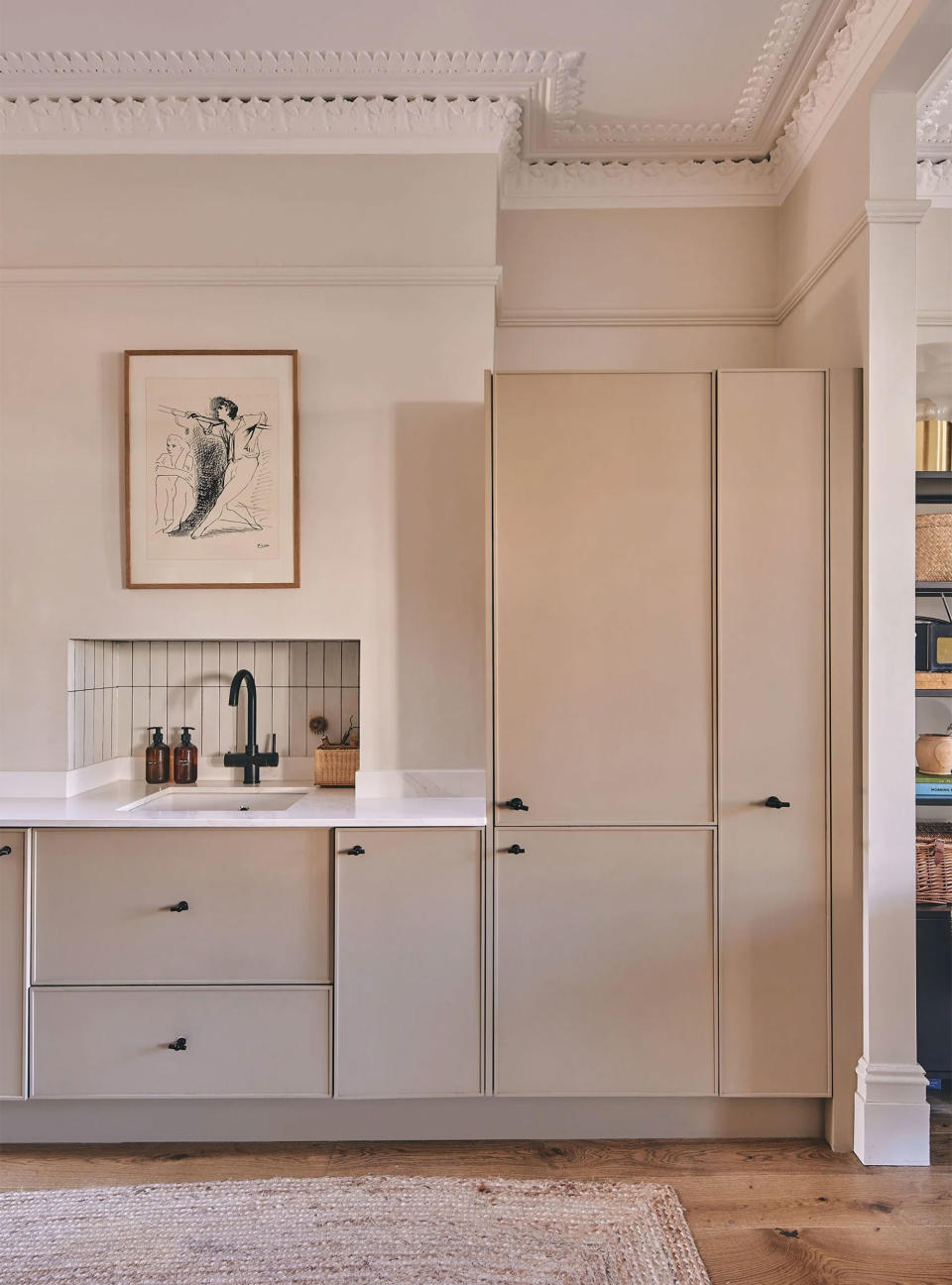 Modern kitchen with soft mushroom gray cabinetry