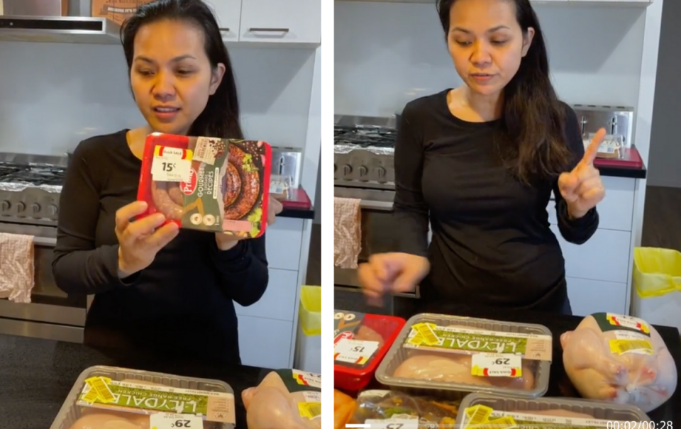 Woman showing Coles meat savings.