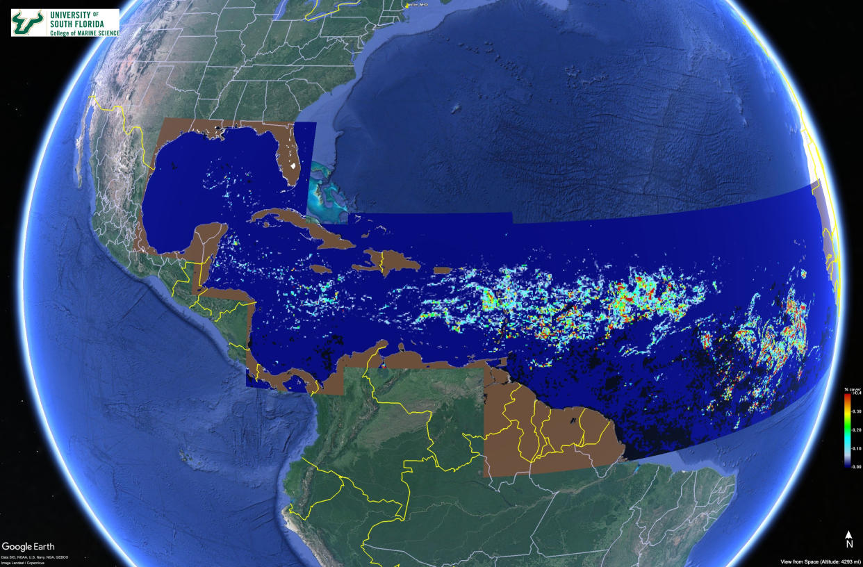 A satellite map of the earth oriented to show Florida and the Atlantic Ocean.