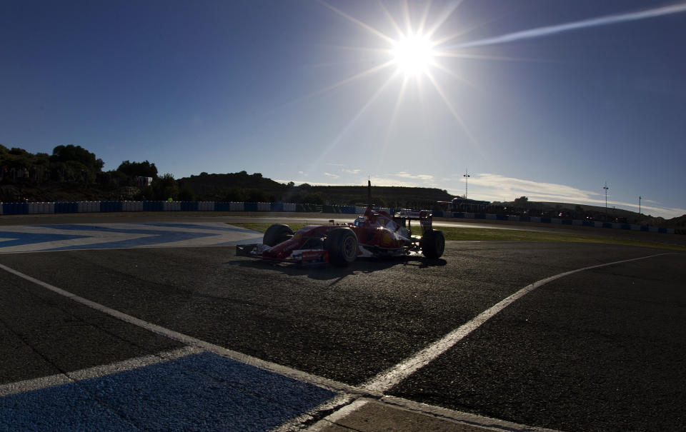 Ferrari driver Fernando Alonso of Spain drives the new F14T car during the 2014 Formula One Testing at the Circuito de Jerez on Thursday, Jan. 30, 2014, in Jerez de la Frontera, Spain. (AP Photo/Miguel Angel Morenatti)