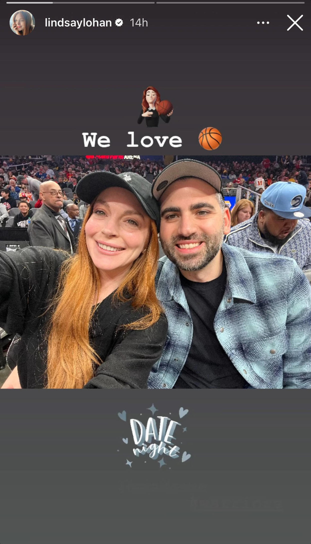 Lindsay Lohan and Bader Shammas were all smiles at the Golden State Warriors game. (Lindsay Lohan / Instagram)