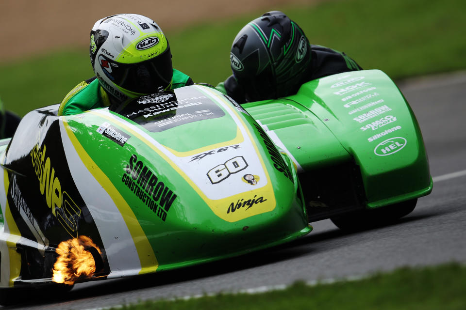 LONGFIELD, ENGLAND - OCTOBER 18: Ben Holland and Tom Christie of Kawasaki Team WPS compete in the Santander Salt International Sidecar Superprix + Molson Group British Sidecars race at Brands Hatch on October 18, 2020 in Longfield, England. (Photo by Ker Robertson/Getty Images)
