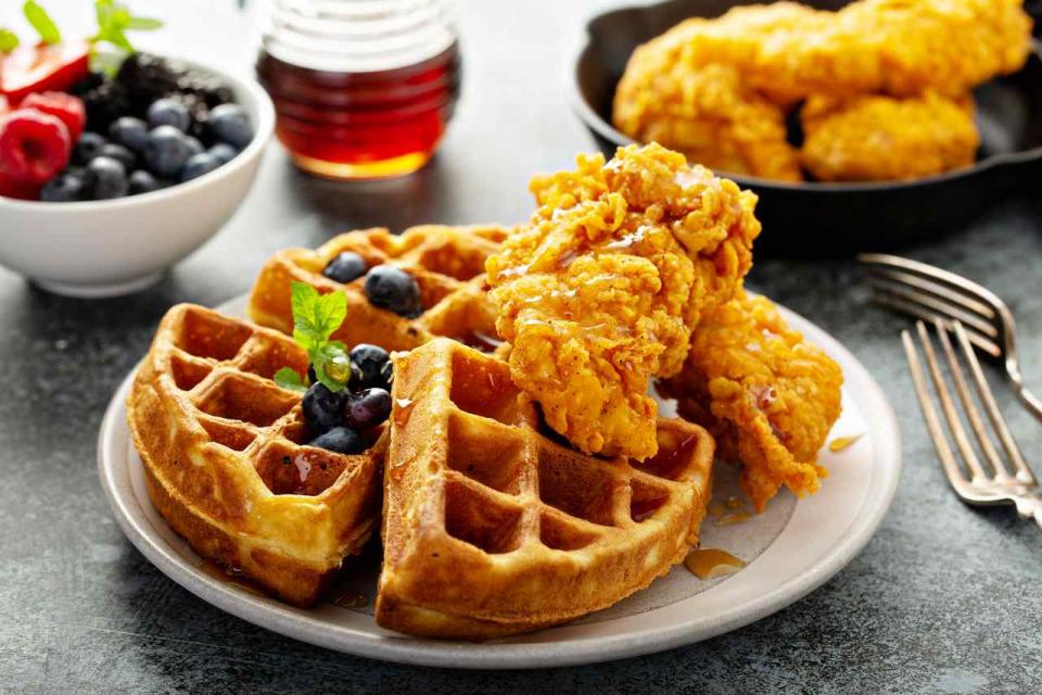 Waffles with fried chicken and maple syrup, southern comfort food