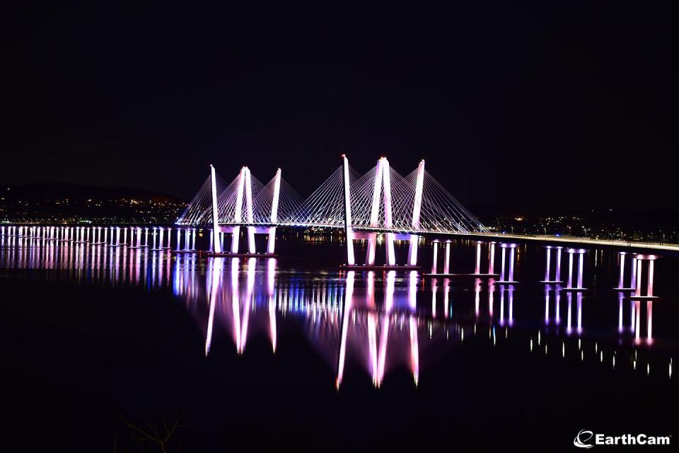 The Gov. Mario M. Cuomo Bridge lit for the first day of spring. Thousands of banks of LED fixtures line the twin-span bridge, making an infinite number of scenes possible, winter, spring, summer or fall.