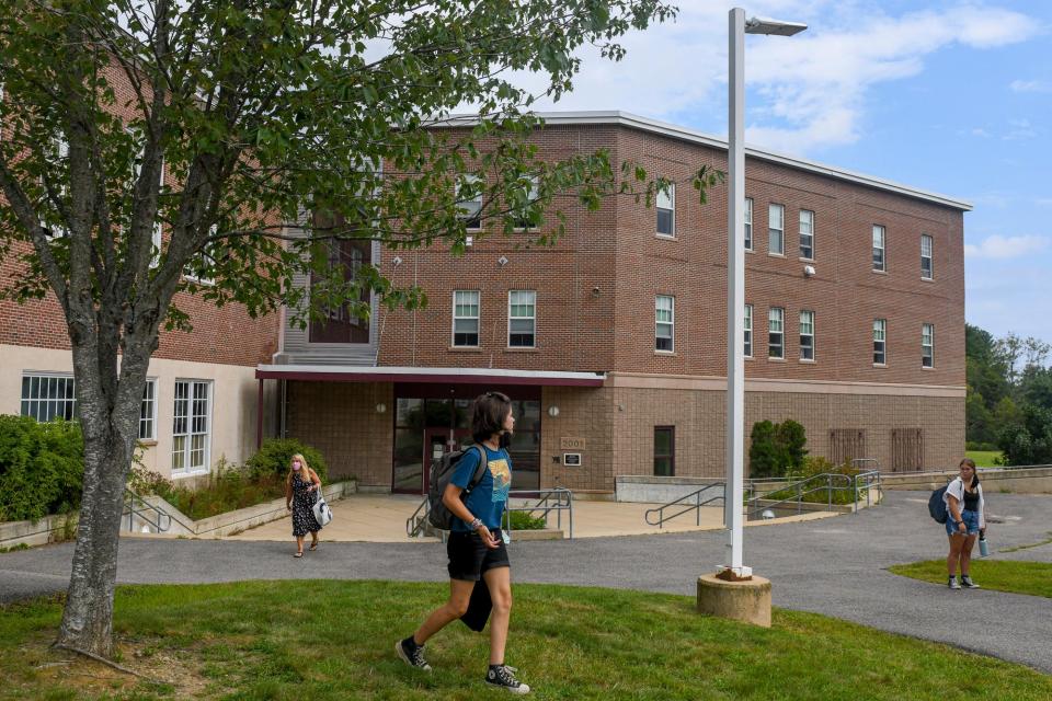 York Middle School students wait to be picked up from school on the first day of the year back on Aug. 30, 2021 in York, Maine.