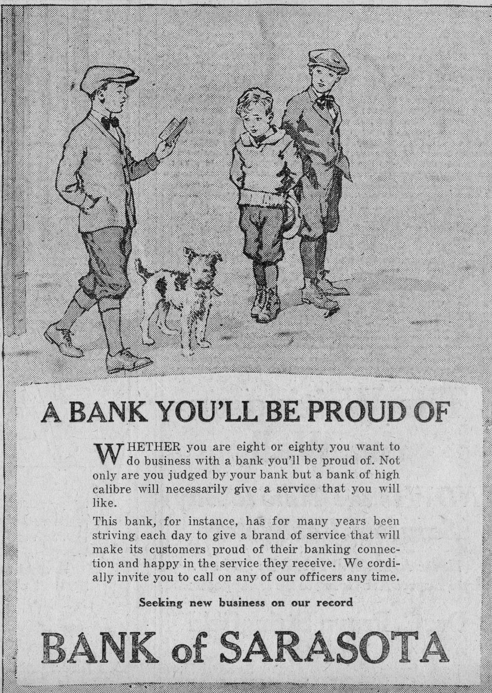 A full-page advertisement for the Bank of Sarasota in an early issue of the Sarasota Herald.